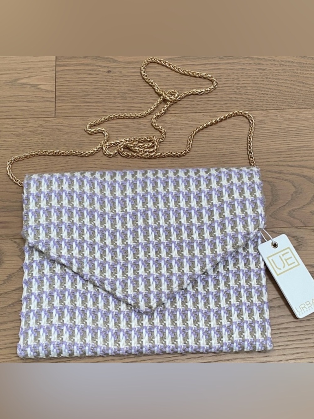 NWT Urban Expressions Certified Vegan Lavender Tweed Crossbody with Gold Chain